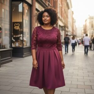 MIUSOL Women's Burgundy Lace Top Pleated Skirt Midi Dress Formal Occasion Size M